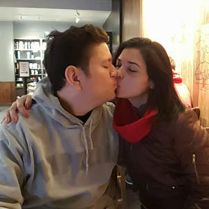 Kissing at a Starbucks in Big Bear Lake early in the morning while we waited to check in to our rented cabin.